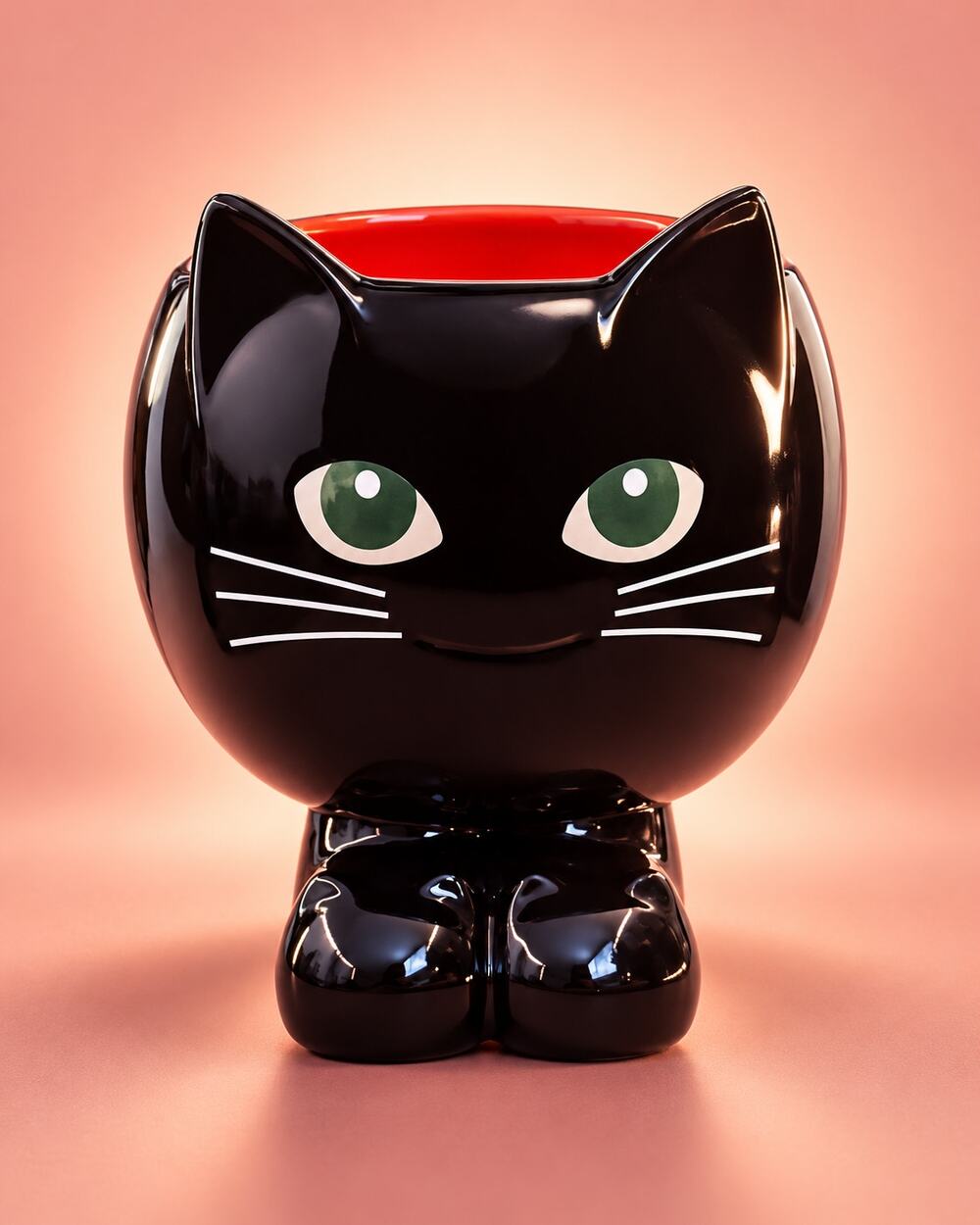 Black Ceramic Halloween Cat Candy Bowl Planter Green Eyes Whiskers Decor